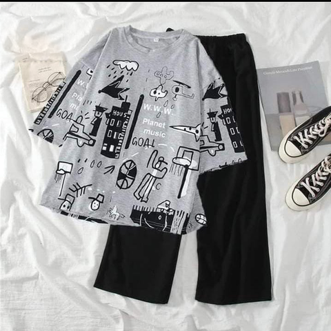 Planet gray printed night suit cotton jersey fabric