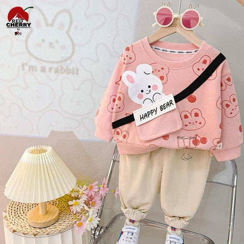 Pink Pocket Rabbit  Printed Kids Winter Track Suit Fabric Fleece