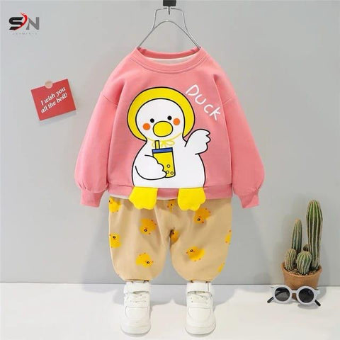 Pink Duck  Printed Kids Winter Track Suit Fabric Fleece