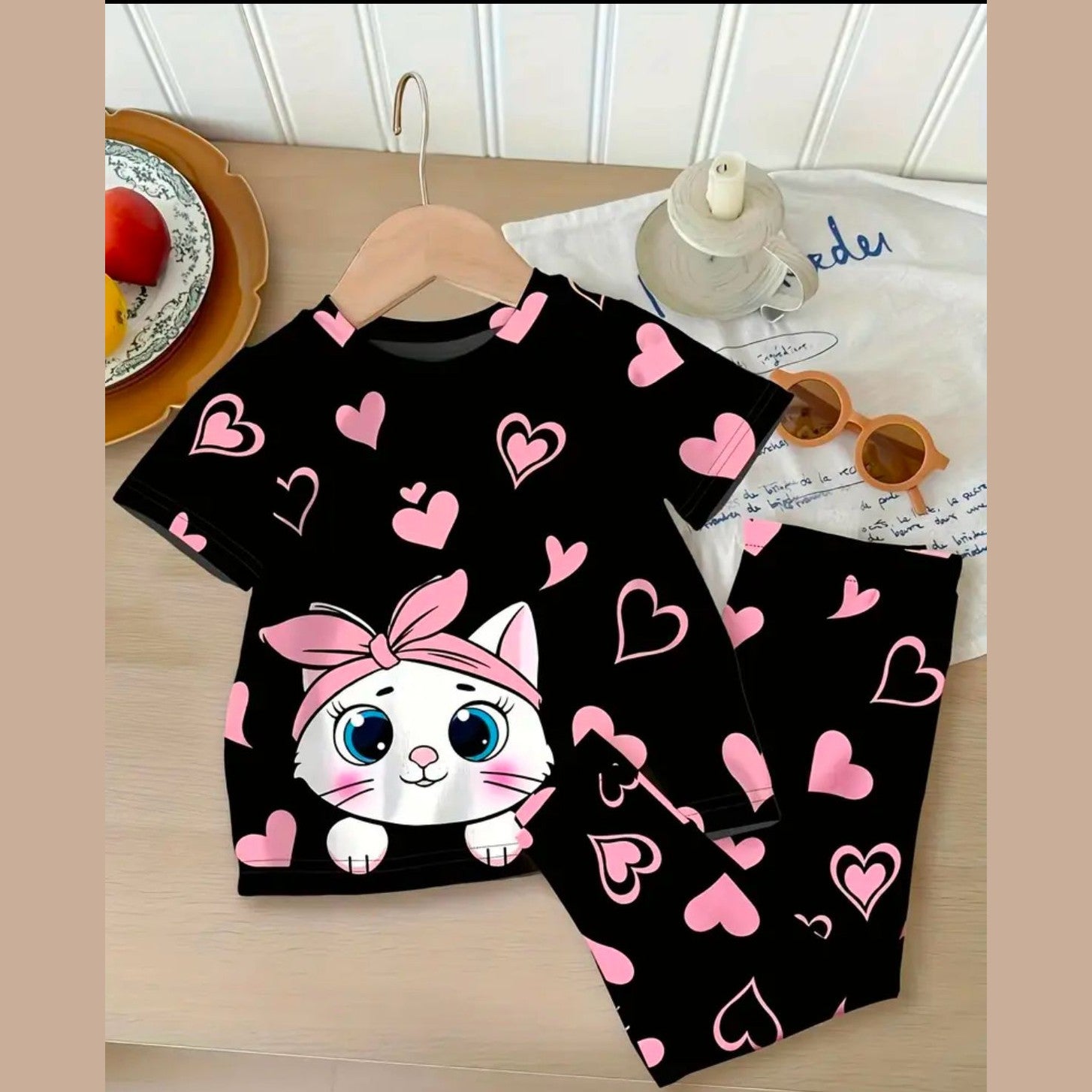 Black Cat & Hearts Summer Shirt & Trouser For Baby & Baba