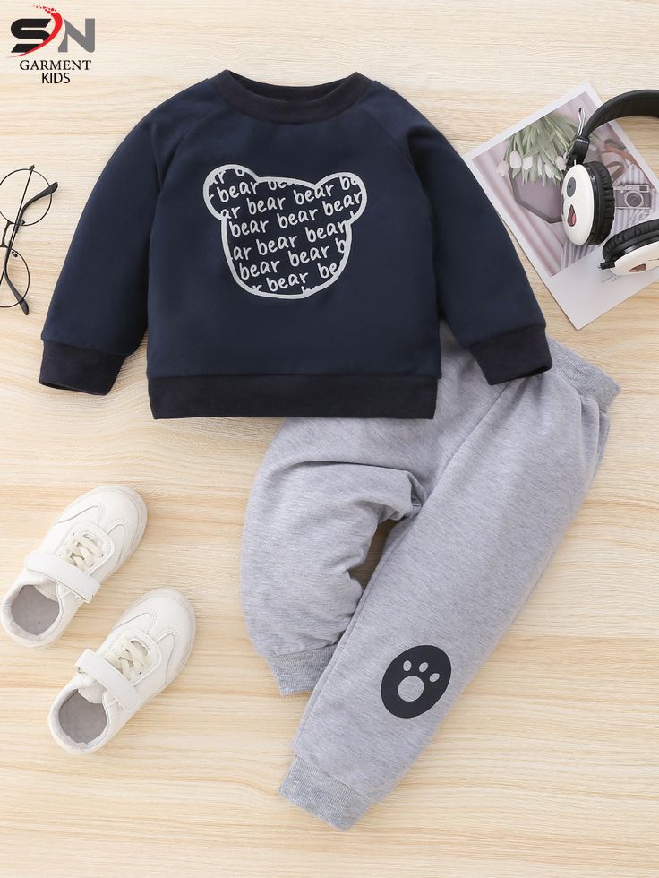 Black bear printed winter kids track suit fabric flees (Copy)